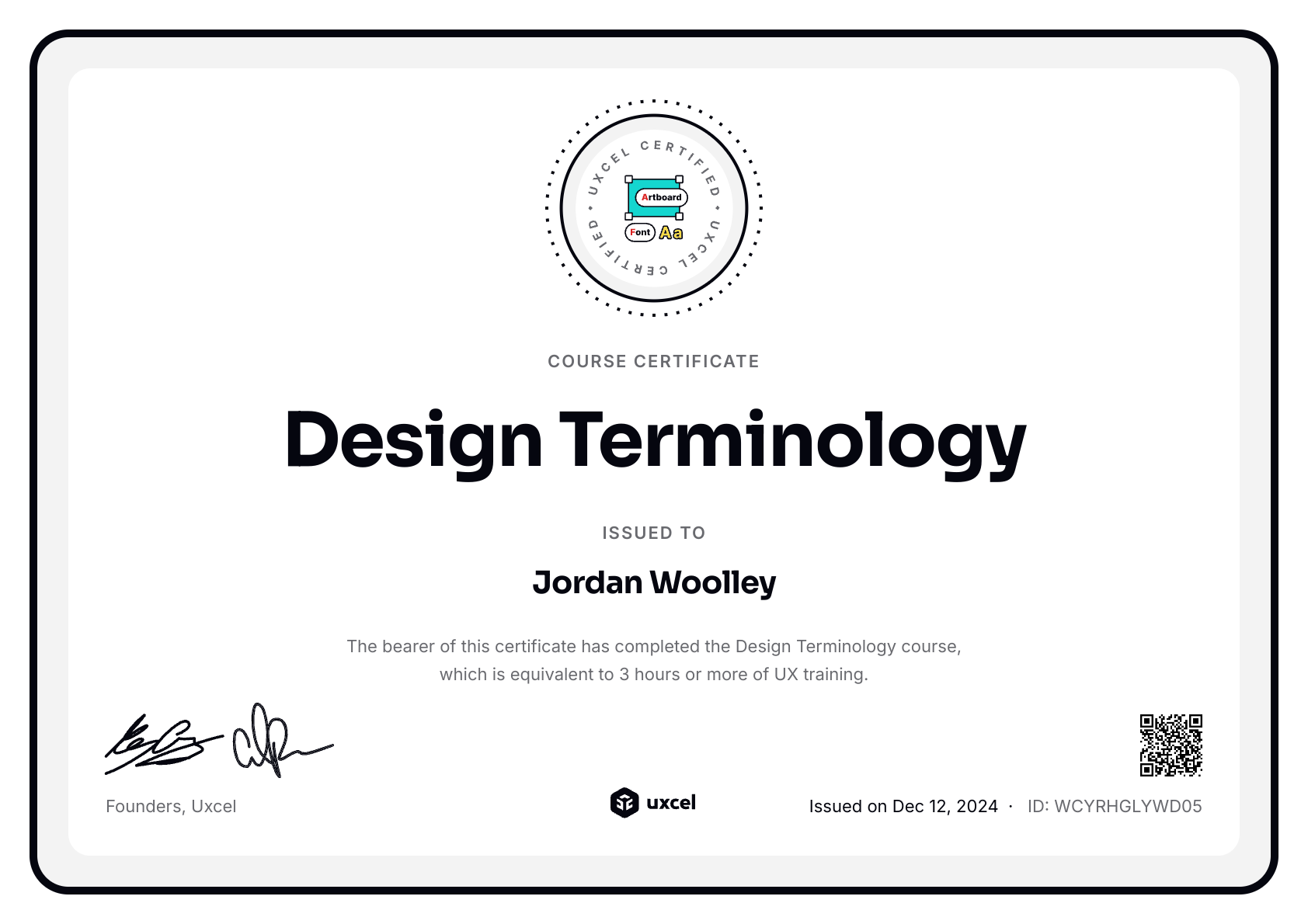 Jordan Woolley's certificate